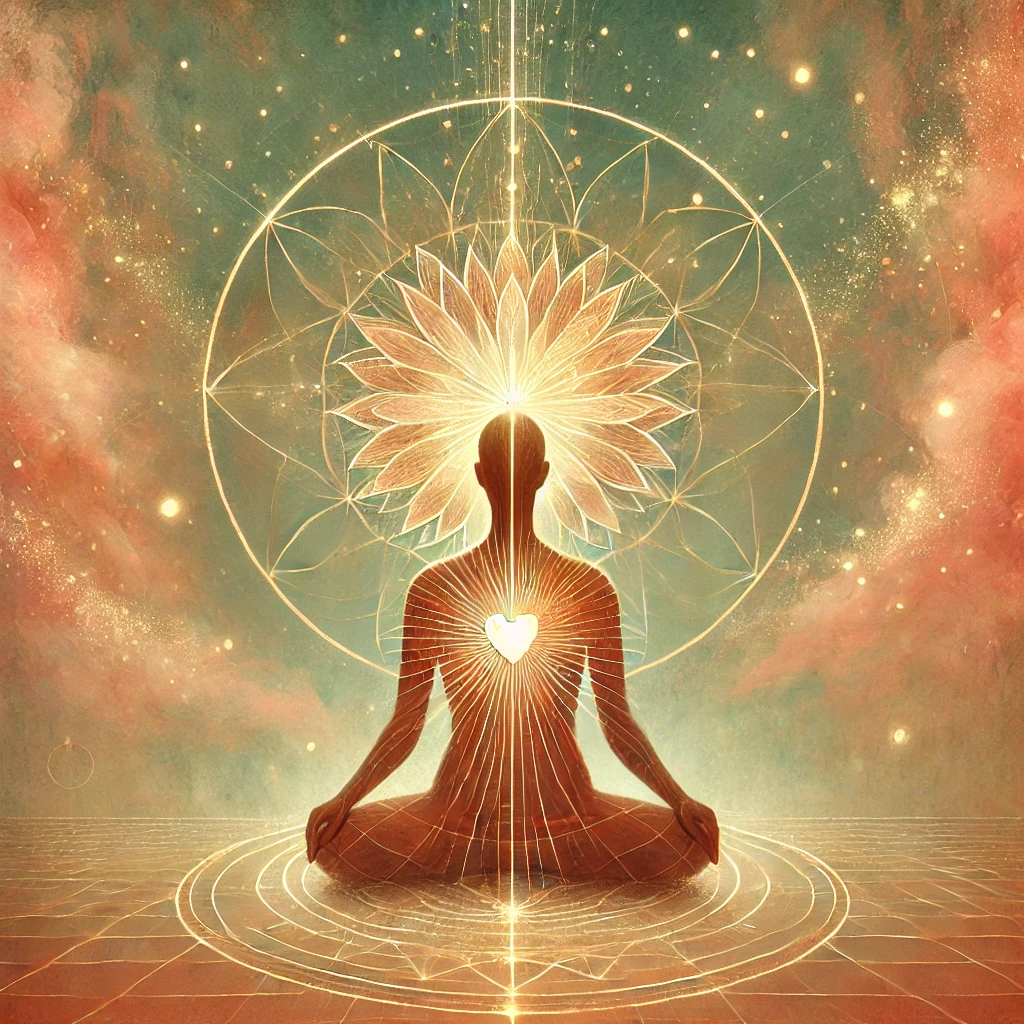 DALL·E 2025-02-11 14.56.28 - A serene digital illustration combining mindfulness and the 'Corazón Iluminado' workshop. The image features a person meditating with a golden light r